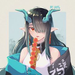 Rule 34 | 1girl, :p, aqua skin, arknights, artist name, bare shoulders, black hair, black jacket, china dress, chinese clothes, cleavage cutout, clothing cutout, dango, dragon horns, dress, dusk (arknights), ear piercing, earrings, food, green hair, hair over one eye, highres, holding, holding food, horns, jacket, jewelry, lierenfelon, long hair, looking at viewer, multicolored hair, off shoulder, open clothes, open jacket, piercing, pointy ears, red eyes, sleeveless, sleeveless dress, solo, streaked hair, tassel, tassel earrings, tongue, tongue out, wagashi, white dress