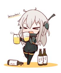 Rule 34 | &gt; &lt;, 10s, 1girl, :d, > <, antenna hair, beer mug, bottle, carrying, chibi, commentary request, cup, closed eyes, german flag, german text, highres, kantai collection, long hair, looking at viewer, mug, nuu (nu-nyu), open mouth, silver hair, smile, solo, translation request, u-511 (kancolle), xd