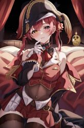 Rule 34 | 1girl, bare shoulders, black hat, gloves, hat, heterochromia, highres, hololive, houshou marine, jacket, looking at viewer, open clothes, open jacket, red eyes, red hair, sa-ya2, short twintails, solo, twintails, virtual youtuber, white gloves, yellow eyes