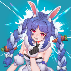 Rule 34 | 1girl, :d, absurdres, animal ear fluff, animal ears, aoaoaoao (baiyanheibing), bare shoulders, black gloves, blue background, blue hair, braid, breasts, carrot hair ornament, detached sleeves, eyelashes, food-themed hair ornament, gloves, hair intakes, hair ornament, hand up, heart, highres, hololive, index finger raised, long hair, multicolored hair, open mouth, puffy short sleeves, puffy sleeves, rabbit ears, rabbit girl, red eyes, revision, scarf, short sleeves, sidelocks, small breasts, smile, solo, strapless, twin braids, twintails, upper body, usada pekora, usada pekora (1st costume), virtual youtuber, white scarf