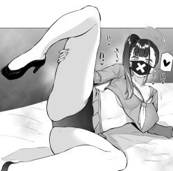 Rule 34 | 1girl, blue archive, blush, breasts, delinquent, greyscale, halo, heart, high heels, highres, large breasts, leg up, long hair, long sleeves, looking at viewer, lying, mask, miyoshi (triple luck), monochrome, mouth mask, navel, neckerchief, on side, panties, pleated skirt, school uniform, shirt, shoes, side ponytail, skirt, solo, spoken heart, sukeban, sukeban (smg) (blue archive), underwear