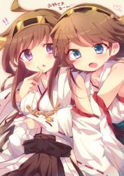 Rule 34 | !, !!, 10s, 2girls, ahoge, blue eyes, blush, brown hair, cookie, detached sleeves, fang, feeding, food, food on face, hairband, hiei (kancolle), hug, hug from behind, japanese clothes, kantai collection, kongou (kancolle), miko, mikomikko, multiple girls, nontraditional miko, open mouth, personification, purple eyes, ribbon-trimmed sleeves, ribbon trim, siblings, sisters, translated