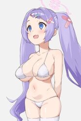Rule 34 | 1girl, artist request, bandaid, bikini, blue archive, breasts, cowboy shot, fang, female focus, hair ornament, halo, hanae (blue archive), large breasts, legs together, micro bikini, navel, open mouth, purple eyes, purple hair, shiny skin, simple background, skin fang, skindentation, smile, solo, standing, swimsuit, thick thighs, thighhighs, thighs, twintails, white background