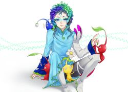 Rule 34 | 1other, androgynous, blue hair, blue pikmin, crossover, facepaint, facial mark, feathers, forehead mark, gnosia, green hair, headphones, highres, long hair, long sleeves, nintendo, other focus, pikmin (creature), pikmin (series), pikmin 1, raqio, red pikmin, sitting, solo, upper body, yellow pikmin, yuyht1758