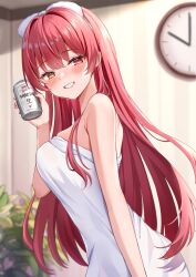 Rule 34 | 1girl, bare shoulders, beer can, blush, breasts, can, commentary request, drink can, heterochromia, highres, holding, holding can, hololive, houshou marine, long hair, looking at viewer, medium breasts, mikumineko, red eyes, red hair, smile, solo, virtual youtuber, yellow eyes