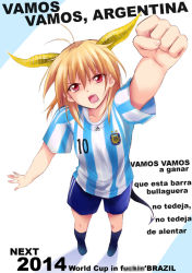 Rule 34 | 1girl, 2010 fifa world cup, angry, argentina, blonde hair, censored, clenched hand, clothes writing, demon girl, fang, horns, kaiga, mosaic censoring, raised fist, red eyes, shirt, soccer uniform, solo, spanish text, sportswear, standing, striped clothes, striped shirt, tail, translated, vertical-striped clothes, vertical-striped shirt, world cup