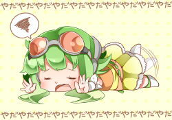 Rule 34 | 1girl, chibi, goggles, goggles on head, green hair, gumi, lying, nou (nounknown), on stomach, open mouth, red-tinted eyewear, short hair, solo, tinted eyewear, vocaloid
