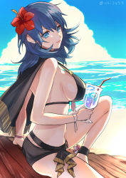 Rule 34 | 1girl, ass, beach, bikini, black bikini, blue eyes, blue hair, blue sky, breasts, byleth (female) (fire emblem), byleth (female) (summer) (fire emblem), byleth (fire emblem), closed mouth, cloud, cup, day, drinking straw, fire emblem, fire emblem: three houses, fire emblem heroes, flower, from side, glass, hair flower, hair ornament, highres, holding, holding cup, large breasts, looking to the side, nintendo, official alternate costume, osi3258, outdoors, sideboob, sitting, sky, smile, solo, swimsuit, twitter username, water