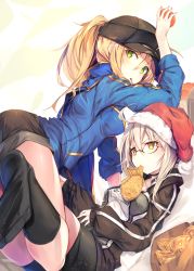 Rule 34 | 2girls, all fours, artoria pendragon (fate), baseball cap, black-framed eyewear, blonde hair, breasts, choker, commentary request, fal maro, fate/grand order, fate (series), food, green eyes, hat, highres, jacket, looking at viewer, medium breasts, mouth hold, multiple girls, mysterious heroine x (fate), mysterious heroine x alter (fate), mysterious heroine x alter (second ascension) (fate), open clothes, open jacket, pocky, ponytail, santa hat, semi-rimless eyewear, shorts, silver hair, socks, taiyaki, under-rim eyewear, wagashi, yellow eyes