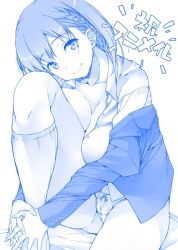 Rule 34 | 1girl, ai-chan (tawawa), blue theme, bow, bow panties, braid, breast press, breasts, buttons, cameltoe, cleft of venus, closed mouth, collarbone, collared shirt, dress shirt, eyebrows, getsuyoubi no tawawa, head tilt, jacket, knee up, kneehighs, leaning forward, medium breasts, monochrome, no bra, no pants, official style, open clothes, open jacket, open shirt, own hands together, panties, shirota dai, shirt, simple background, single braid, sitting, smile, socks, solo, tareme, unbuttoned, unbuttoned shirt, underwear, white background, wing collar