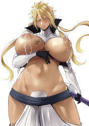Rule 34 | 1girl, absurdres, bleach, blonde hair, blush, breasts, cleavage, green eyes, highres, huge breasts, lactation, large areolae, long hair, looking at viewer, navel, parted lips, puffy nipples, puzenketsu, solo, standing, tier harribel