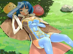 Rule 34 | 1girl, :3, alternate color, blue dress, blue eyes, blue gloves, blue hair, blue thighhighs, breasts, brown cape, brown dress, cape, closed mouth, commentary request, day, dress, drops (ragnarok online), elbow gloves, feet out of frame, fur-trimmed cape, fur trim, gloves, grass, high wizard (ragnarok online), large breasts, outdoors, poring, ragnarok online, rock, shade, short dress, short hair, slime (creature), strapless, strapless dress, thighhighs, two-tone dress, yaten