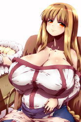 Rule 34 | 1girl, arc the lad, arc the lad ii, bare shoulders, blush, breasts, brown eyes, brown hair, cradle, dress, gigantic breasts, hand on own stomach, highres, huge breasts, lieza (arc the lad), long hair, plump, pregnant, sash, sitting, smile, solo, strapless, strapless dress, taut clothes, tokyo (great akuta), very long hair