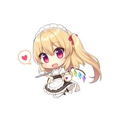 Rule 34 | 1girl, :d, alternate costume, apron, black dress, blonde hair, blush, bow, chibi, commentary request, cup, dress, enmaided, flandre scarlet, frilled dress, frills, full body, hair bow, heart, jumping, maid, maid headdress, open mouth, puffy short sleeves, puffy sleeves, red eyes, short sleeves, side ponytail, simple background, smile, spoken heart, teacup, teapot, touhou, tray, waist apron, white background, white legwear, wings, yada (xxxadaman)