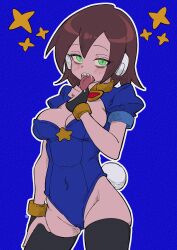 Rule 34 | 1girl, absurdres, adapted costume, aile (mega man zx), animal ears, blue background, blue leotard, blush, breasts, brown hair, buzzlyears, cleavage, covered navel, cropped jacket, fake tail, faux traditional media, finger to face, glowing, glowing eyes, green eyes, highleg, highleg leotard, highres, large breasts, leotard, looking at viewer, mega man (series), mega man zx, playboy bunny, rabbit tail, revealing clothes, robot ears, saliva, sharp teeth, short hair, short sleeves, simple background, solo, star (symbol), tail, teeth, tongue, tongue out