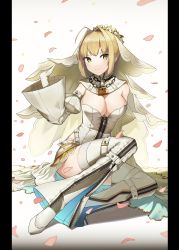Rule 34 | 10s, absurdres, ahoge, blurry, bodysuit, breasts, bridal veil, center opening, chain, chain necklace, cleavage, depth of field, detached collar, falling petals, fate/extra, fate/grand order, fate (series), full-length zipper, full body, garter belt, garter straps, hair intakes, head wreath, highres, jewelry, leaning to the side, leotard, lock, necklace, nero claudius (bride) (fate), nero claudius (bride) (second ascension) (fate), nero claudius (fate), nero claudius (fate) (all), padlock, petals, shiba inu (happy13227), simple background, sitting, solo, thigh strap, thighhighs, veil, waist cape, white background, white bodysuit, white leotard, white thighhighs, zipper, zipper pull tab