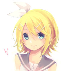 Rule 34 | 1girl, blonde hair, blue eyes, bow, hair ornament, hairclip, heart, kagamine rin, kuroi (liar-player), looking at viewer, short hair, simple background, smile, solo, treble clef, vocaloid, white background, white theme