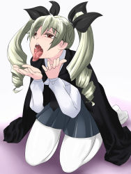 Rule 34 | 10s, 1girl, anchovy (girls und panzer), artist request, black cape, cape, colored eyelashes, drill hair, girls und panzer, green hair, hair ribbon, highres, long hair, long tongue, open mouth, oral invitation, pantyhose, red eyes, ribbon, saliva, school uniform, skirt, solo, tongue, tongue out, twin drills, twintails