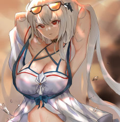 Rule 34 | 1girl, absurdres, arknights, armpits, arms up, bare shoulders, black choker, breasts, choker, cleavage, commentary, eyewear on head, hair between eyes, hair ornament, highres, large breasts, long hair, looking at viewer, niuwajun, no headwear, official alternate costume, orca hair ornament, parted lips, red eyes, shirt, silver hair, skadi (arknights), skadi (waverider) (arknights), solo, stomach, sunglasses, upper body, very long hair, white shirt