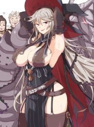 Rule 34 | 10s, 1girl, 2boys, armpits, arms behind head, arms up, beard, between breasts, black thighhighs, blush, breasts, cleavage, contrapposto, covered erect nipples, detached sleeves, dress, facial hair, garter straps, golem, granblue fantasy, hair between eyes, hairband, hat, huge breasts, jin (granblue fantasy), large breasts, long hair, looking at viewer, magisa (granblue fantasy), morax (granblue fantasy), multiple boys, open mouth, pelvic curtain, red eyes, scar, side slit, silver hair, smile, soriz, standing, striped clothes, striped dress, takemura makoto (hakushikei), thighhighs, vertical-striped clothes, vertical-striped dress, very long hair, witch hat