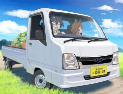 2girls animal_ears black_hair blue_shirt blush brown_hair hair_between_eyes horse_ears horse_girl jacket katsuragi_ace_(umamusume) kei_truck looking_at_viewer medium_hair motor_vehicle mr._c.b._(umamusume) mukakin multicolored_hair multiple_girls open_mouth pickup_truck ponytail shirt smile steering_wheel streaked_hair subaru_(brand) sweater truck umamusume white_hair yellow_sweater