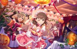 Rule 34 | 10s, 3girls, :d, ;d, balloon, brown hair, bunting, cape, claw pose, eating, elbow gloves, fangs, garter straps, gloves, green eyes, halloween, halloween costume, head wings, idolmaster, idolmaster cinderella girls, idolmaster cinderella girls starlight stage, jack-o&#039;-lantern, jewelry, lens flare, long hair, multiple girls, nail polish, official art, ogata chieri, one eye closed, open mouth, party, pennant, sakuma mayu, short hair, smile, sparkle, string of flags, striped clothes, striped legwear, striped thighhighs, table, tada riina, thighhighs, twintails, vampire costume, wings, wrist cuffs