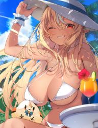 Rule 34 | 1girl, arm up, bare arms, bare shoulders, bikini, bird, blonde hair, blue sky, blush, breasts, chick, cleavage, cloud, cloudy sky, covered erect nipples, criss-cross halter, dark-skinned female, dark elf, dark skin, elf, glass, grin, halterneck, hand on headwear, hat, highres, hololive, large breasts, long hair, looking at viewer, navel, nidaime (doronbo), one eye closed, parted lips, pointy ears, red eyes, shiranui flare, sitting, sky, smile, solo, stomach, sun hat, sunlight, swimsuit, tropical drink, virtual youtuber, white bikini, wrist cuffs