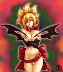 Rule 34 | 1girl, bat wings, blonde hair, breasts squeezed together, breasts, bright pupils, covering privates, cowboy shot, crossed arms, demon, demon girl, disgaea, hisahiko, large breasts, makai senki disgaea 2, navel, nippon ichi, nude, nude cover, pointy ears, red eyes, ribbon, rozalin, solo, standing, valalpla, wings