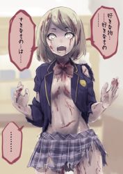 Rule 34 | 1girl, black jacket, blazer, blonde hair, blood, blood on clothes, blood on face, blood on hands, blood on leg, blue skirt, bow, bowtie, breasts, breasts apart, cafe no zombi-ko, cafe no zombi-ko (1st costume), commentary request, cowboy shot, indie virtual youtuber, jacket, long sleeves, looking at viewer, medium breasts, miniskirt, motocha (mototya), navel, open clothes, open jacket, open mouth, plaid, plaid skirt, red bow, red bowtie, school uniform, short hair, skirt, solo, torn clothes, torn jacket, torn skirt, translation request, virtual youtuber, yellow eyes, zombie