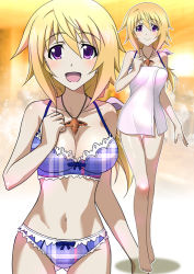 Rule 34 | 1girl, barefoot, bikini, blonde hair, breasts, charlotte dunois, cleavage, commentary request, cowboy shot, frilled bikini, frills, full body, gluteal fold, infinite stratos, jewelry, kuroda ariake, long hair, looking at viewer, low ponytail, medium breasts, multiple views, naked towel, necklace, open mouth, pendant, plaid, plaid bikini, purple bikini, purple eyes, smile, standing, swimsuit, thigh gap, towel, zoom layer
