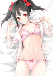 Rule 34 | 10s, 1girl, absurdres, bad id, bad pixiv id, bed sheet, black hair, blush, bow, bow bra, bow panties, bra, breasts, closed mouth, commentary request, crotch seam, dress shirt, flat (joppin karu!), hair bow, head tilt, highres, light frown, lips, long sleeves, looking at viewer, love live!, love live! school idol project, lying, navel, on back, on bed, open clothes, open shirt, panties, pink bra, pink panties, red bow, red eyes, shirt, short hair, side-tie panties, small breasts, solo, thighs, twintails, underwear, w arms, white shirt, yazawa nico