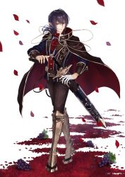 Rule 34 | 1boy, absurdres, armored boots, belt, black hair, black pants, boots, cape, food, food fantasy, fruit, full body, gloves, unworn gloves, grapes, highres, long sleeves, looking at viewer, male focus, mouth hold, nyaon oekaki, pants, personification, petals, pointy ears, red cape, red eyes, red neckwear, red wine (food fantasy), sheath, sheathed, single glove, smirk, solo, standing, sword, vest, weapon, white gloves