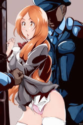 Rule 34 | 1girl, 2boys, bleach, breasts, clothes lift, dark-skinned male, dark skin, highres, inoue orihime, maxi, multiple boys, orange hair, panties, pink panties, police, school uniform, skirt, skirt lift, text focus, underwear