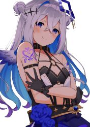 Rule 34 | 1girl, :q, amane kanata, amane kanata (another world), angel wings, arm belt, arm tattoo, bandaged arm, bandages, blue hair, blush, collar, colored inner hair, fragir, gloves, grey hair, hair between eyes, hair bun, highres, hololive, long hair, looking at viewer, multicolored hair, purple eyes, simple background, solo, strapless, tattoo, tongue, tongue out, tube top, upper body, virtual youtuber, white background, wings