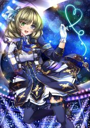 Rule 34 | 1girl, :d, ankle boots, bad id, bad pixiv id, blue eyes, blue feathers, blue necktie, blue thighhighs, boots, feather hair ornament, feathers, gloves, green eyes, green hair, hair ornament, heterochromia, high heel boots, high heels, highres, holding, holding microphone, idolmaster, idolmaster cinderella girls, idolmaster cinderella girls starlight stage, leg up, long hair, microphone, mole, mole under eye, necktie, open mouth, shirokuma a, smile, solo, takagaki kaede, thighhighs, white gloves