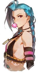 Rule 34 | 1girl, bare shoulders, blue hair, braid, blowing bubbles, bullet, bullet necklace, chewing gum, eyeshadow, highres, jewelry, jinx (league of legends), league of legends, long hair, looking at viewer, makeup, necklace, red eyes, simple background, solo, stomach tattoo, tattoo, uncle rabbit ii, white background