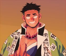 Rule 34 | 1boy, bara, bead necklace, beads, character request, gonzaresu0203, haori, highres, japanese clothes, jewelry, kimetsu no yaiba, large pectorals, looking at viewer, male focus, monk, necklace, no pupils, palms together, pectoral cleavage, pectorals, prayer beads, scar, scar on face, scar on forehead, short hair, solo, thick eyebrows, undercut, upper body