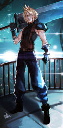Rule 34 | 1boy, absurdres, armor, black footwear, black gloves, black shirt, blonde hair, blue eyes, blue pants, boots, closed mouth, cloud strife, distr, final fantasy, final fantasy vii, final fantasy vii remake, gloves, hair between eyes, highres, holding, holding sword, holding weapon, huge weapon, looking at viewer, male focus, pants, pauldrons, railing, shirt, shoulder armor, solo, standing, sword, weapon