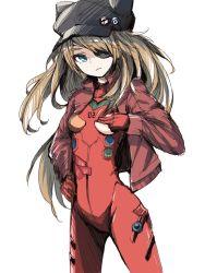 Rule 34 | 10s, 1girl, animal hat, badge, blue eyes, breasts, brown hair, button badge, cat hat, covering privates, covering breasts, evangelion: 3.0 you can (not) redo, eyepatch, hand on own hip, hat, jacket, long hair, looking at viewer, minato (shouno), neon genesis evangelion, open clothes, open jacket, orange hair, pin, plugsuit, rebuild of evangelion, sketch, small breasts, solo, souryuu asuka langley, torn clothes, track jacket, white background