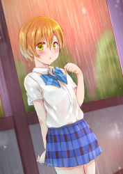 Rule 34 | 1girl, absurdres, blue bow, blue skirt, blush, bow, bra, bra visible through clothes, brown hair, collared shirt, commentary request, dress shirt, green bra, hair between eyes, hand up, highres, hitotsuki no yagi, hoshizora rin, love live!, love live! school idol project, outdoors, parted lips, plaid, plaid skirt, pleated skirt, rain, see-through, shirt, short hair, short sleeves, skirt, solo, striped, striped bow, underwear, vertical stripes, wet, wet clothes, wet hair, wet shirt, white shirt, yellow eyes