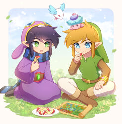 Rule 34 | 2boys, :d, :t, ^ ^, absurdres, animal hood, apple, apple rabbit, apple slice, baby maiamai, belt, belt buckle, black hair, blonde hair, blue eyes, blue sky, boots, border, brown belt, brown footwear, buckle, closed eyes, closed mouth, commentary, eating, english commentary, enni, flying, food, food art, food on face, fruit, gem, grass, green eyes, green gemstone, green headwear, green tunic, hand up, hat, highres, holding, holding food, hood, hood down, layered sleeves, leaf, link, long sleeves, male focus, map, multiple boys, nintendo, on grass, on head, open mouth, outside border, parted bangs, plate, pointy ears, purple robe, rabbit hood, ravio, robe, scarf, scroll, sheerow, short hair, short over long sleeves, short sleeves, sidelocks, sitting, sky, smile, striped clothes, striped scarf, the legend of zelda, the legend of zelda: a link between worlds, tunic, white border