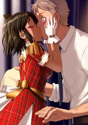 Rule 34 | 10s, 1boy, 1girl, across the stars, age difference, black background, black hair, blush, breasts, closed eyes, dark-skinned female, dark skin, dress, epaulettes, feather hair ornament, feathers, from side, gloves, hair ornament, hands on another&#039;s face, hetero, idolmaster, idolmaster cinderella girls, idolmaster cinderella girls starlight stage, kiss, natalia (idolmaster), necktie, pettan p, plaid, plaid dress, producer (idolmaster), profile, short hair, surprise kiss, surprised, sweatdrop, white gloves, wide-eyed