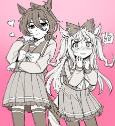 Rule 34 | !, !?, ?, agnes digital (umamusume), agnes tachyon (umamusume), animal ears, blush, bow, bowtie, commentary request, cowboy shot, earrings, greyscale, hair bow, heart, horse ears, horse girl, horse tail, jewelry, long hair, long sleeves, matching outfits, monochrome, pink background, pleated skirt, sailor collar, school uniform, serafuku, short hair, single earring, skirt, spoken exclamation mark, spoken question mark, sweatdrop, tail, tails touching, thighhighs, tracen school uniform, twintails, umamusume, yokuko zaza, zettai ryouiki