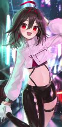 Rule 34 | 1girl, :d, absurdres, ahoge, arm up, asymmetrical clothes, black hair, black pants, black shirt, crop top, crop top overhang, garter straps, hair between eyes, high collar, highres, leg up, long sleeves, looking at viewer, midriff, multicolored hair, navel, open mouth, original, pants, pellas (panix2383), red eyes, shiny clothes, shirt, shoes, short hair, single pantsleg, smile, sneakers, solo, standing, standing on one leg, stomach, streaked hair, thigh strap, thighs, undershirt, white footwear, white shirt