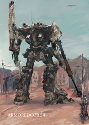 Rule 34 | aircraft, airplane, antennae, armored core, armored core 4, character request, day, desert, gun, highres, mecha, no humans, osakana (denpa yun&#039;yun), power lines, rifle, robot, ruins, shield, sky, sniper rifle, thrusters, utility pole, weapon