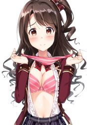 Rule 34 | 10s, 1girl, bad id, bad pixiv id, black hair, blue skirt, blush, bow, bowtie, bra, breasts, brown eyes, center frills, cleavage, closed mouth, curly hair, embarrassed, frills, hair bow, holding, holding clothes, holding panties, holding underwear, idolmaster, idolmaster cinderella girls, idolmaster cinderella girls starlight stage, jacket, long hair, long sleeves, looking at viewer, medium breasts, navel, one side up, open clothes, open jacket, open shirt, panties, pink bra, pink panties, plaid, plaid bow, plaid bowtie, plaid neckwear, plaid skirt, raised eyebrows, red bow, red bowtie, red jacket, shimamura uzuki, shirosaba47, shirt, simple background, skirt, smile, solo, stomach, striped bra, striped clothes, striped panties, swept bangs, tareme, unbuttoned, unbuttoned shirt, underwear, unworn panties, upper body, white background, white shirt