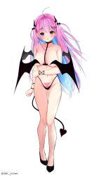 Rule 34 | 1girl, ahoge, black panties, blue hair, breasts, colored inner hair, covering nipples, covering privates, demon horns, demon tail, demon wings, ex idol, hair ornament, heart, heart hair ornament, highres, hololive, horns, large breasts, long hair, looking at viewer, minato aqua, multicolored hair, panties, pubic tattoo, purple eyes, simple background, solo, streaked hair, tail, tattoo, two-tone hair, underwear, virtual youtuber, white background, wings, x hair ornament