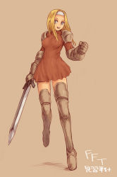 Rule 34 | 1girl, blonde hair, boots, breasts, female focus, final fantasy, final fantasy tactics, full body, gloves, hairband, kara (color), long hair, simple background, skirt, solo, squire (fft), sword, thigh boots, thighhighs, weapon