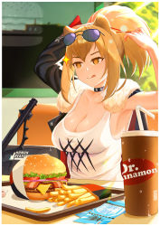 Rule 34 | 1girl, absurdres, animal ears, arknights, arm up, bag, blonde hair, brand name imitation, breasts, choker, cleavage, collarbone, cup, day, disposable cup, drinking straw, duffel bag, eyewear on head, food, french fries, burger, highres, large breasts, lion ears, long hair, looking at viewer, meowster, ponytail, siege (arknights), sitting, sleeveless, solo, sparkle, sunglasses, sunglasses on head, tank top, ticket, tray, yellow eyes, zipper