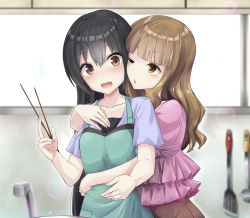Rule 34 | 2girls, ;o, apron, arm around shoulder, arm around waist, black hair, blush, breasts, brown eyes, brown hair, brown legwear, bubble, chopsticks, collarbone, commentary request, eye contact, faucet, frilled shirt, frills, green apron, hand up, heavens thunder (byakuya-part2), highres, holding, holding chopsticks, indoors, kitchen, ladle, long hair, looking at another, multiple girls, official art, one eye closed, open mouth, original, pink shirt, purple shirt, shirt, short sleeves, sink, spatula, surprised, very long hair, wavy mouth, window, yuri